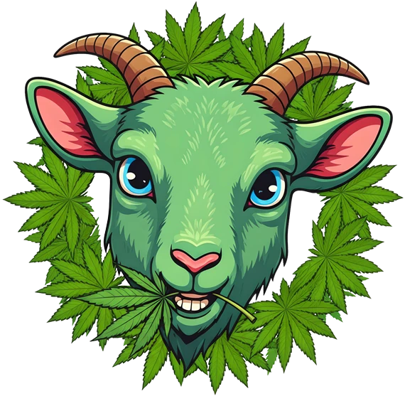 Una cabra verde estilo cartoon Una cabra verde estilo cartoon con una hoja de marihuana en la boca.