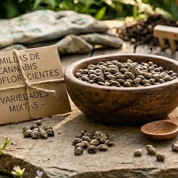Tarjeta semillas autoflorecientes Un cuenco con semillas de marihuana autoflorecientes