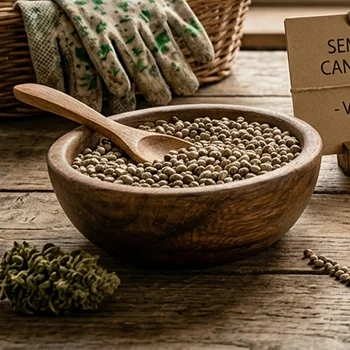 Tarjeta semillas cbd Cuenco con semillas de marihuana de cbd