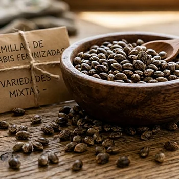 Tarjeta semillas feminizadas Un cuenco con semillas de marihuana feminizadas